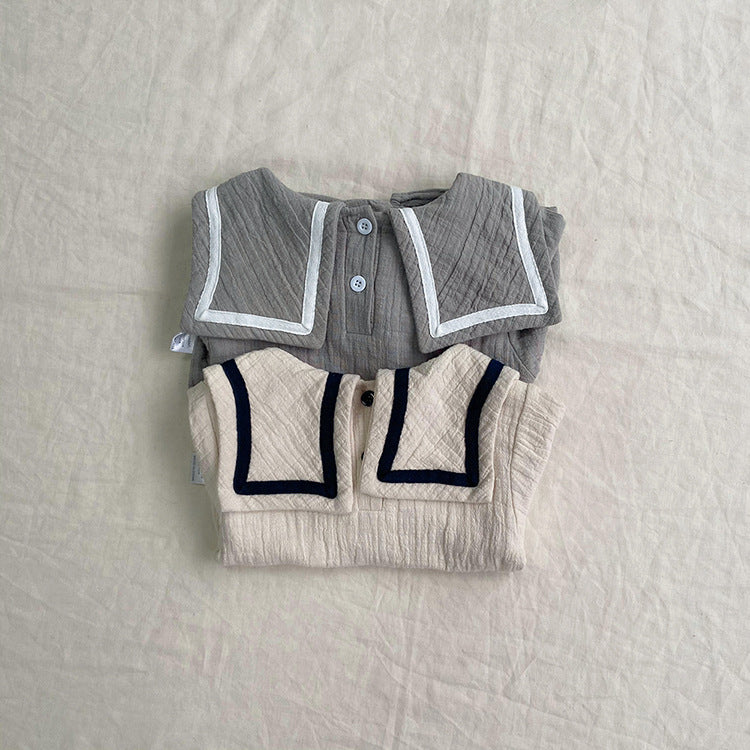 Baby Girl Solid Color Big Lapel Design Shirt Combo Shorts Sailor Style Sets-4