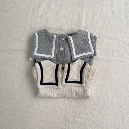 Baby Girl Solid Color Big Lapel Design Shirt Combo Shorts Sailor Style Sets-4
