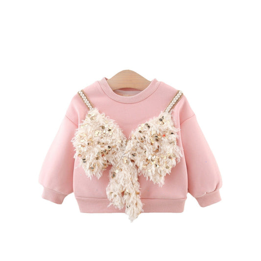 Autumn and Winter New Arrival Girls Fleece Comfortable Long Sleeves Sequin Wing Decorated Top Cute Sweater-0