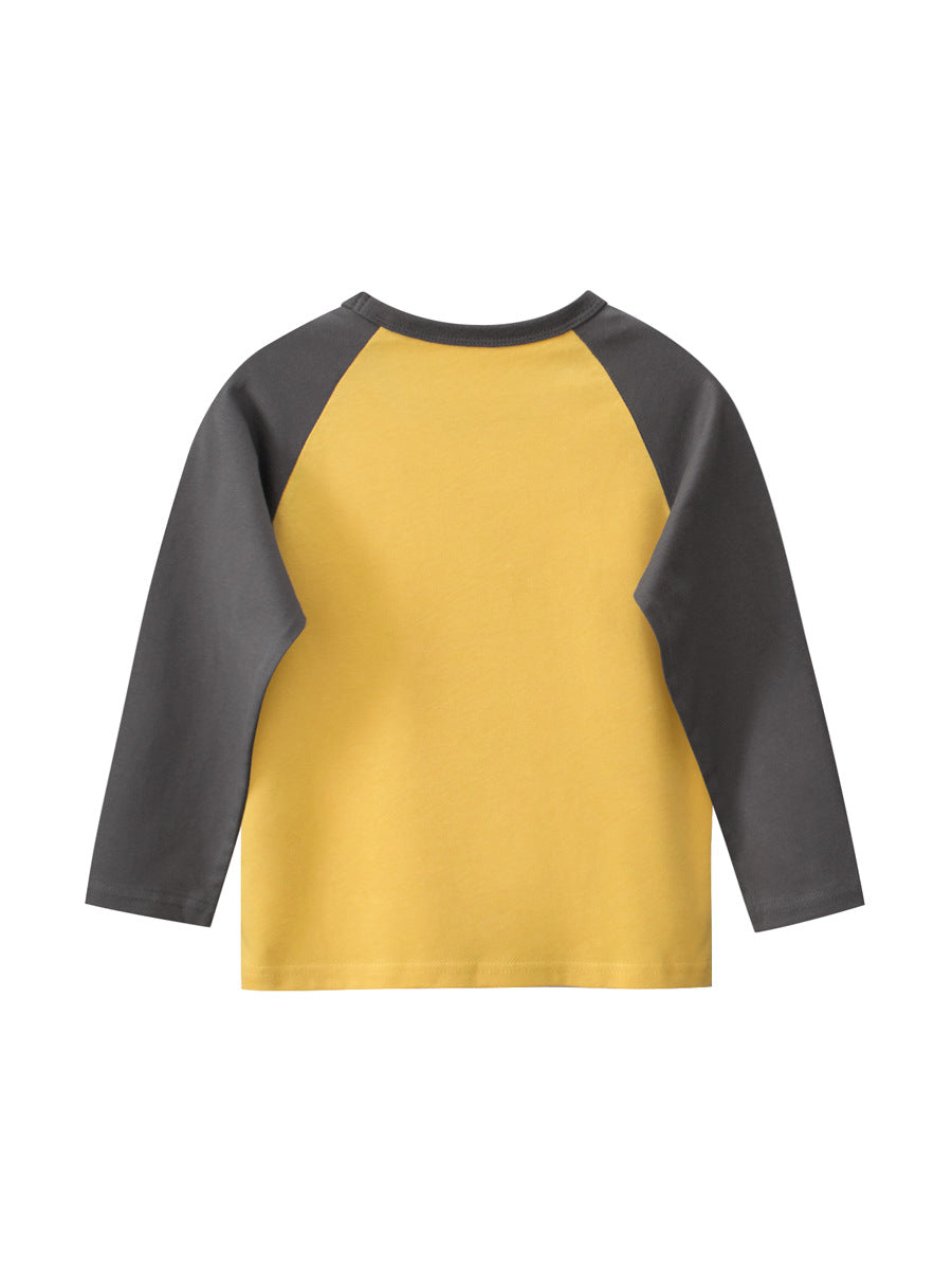 Autumn Baby Boys Cartoon Animals Friend Print Color Patchwork Long Sleeves Crew Neck Base Top Shirt