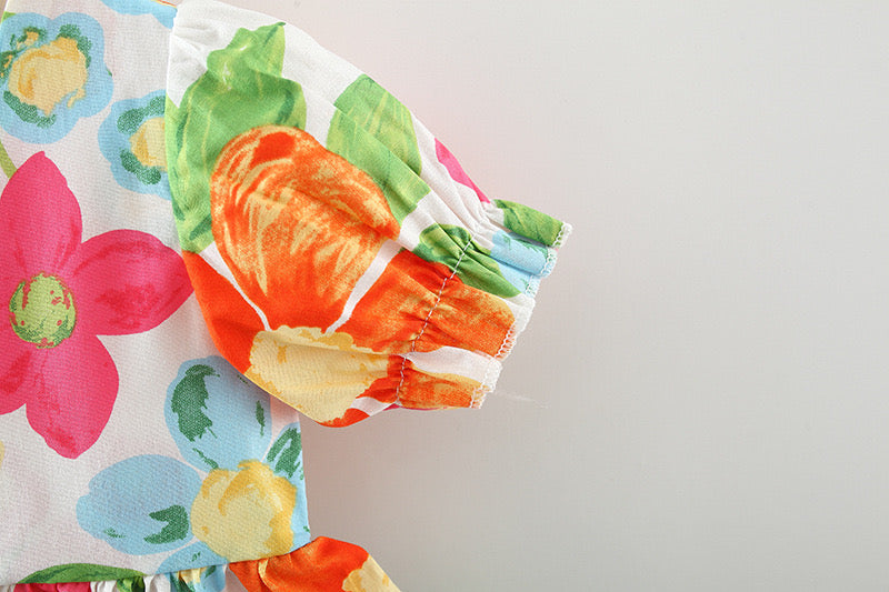 Baby Floral Pattern Short Sleeve Crewneck Dress with Purse-4