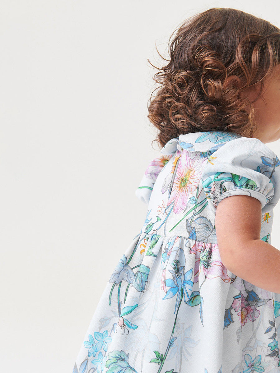 Spring And Summer Baby Girls Peter Pan Collar Short Sleeves Floral Dress