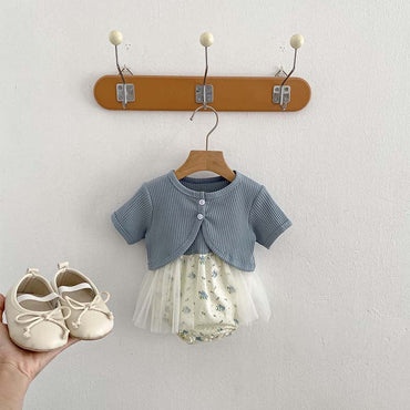 New Arrival Summer Baby Kids Girls Solid Color Short Sleeves Cardigan And Sleeveless Strap Tulle Onesies – Sister Matching Set
