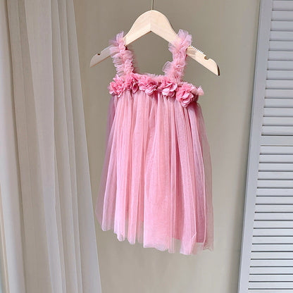 Summer Baby Kids Girls Sleeveless 3D Flowers Mesh Strap Dress-8