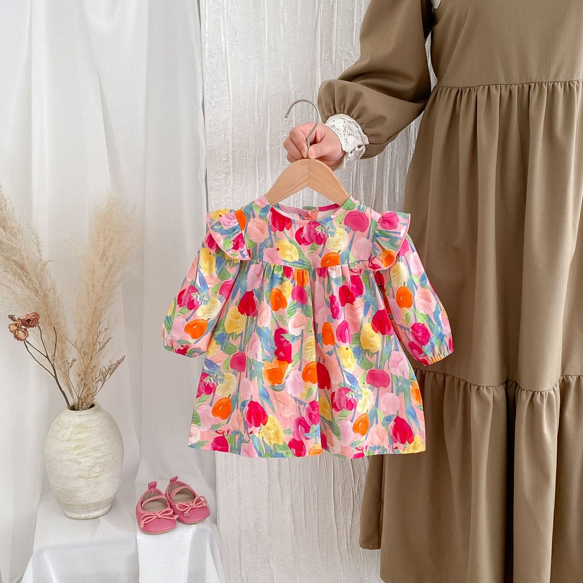 Autumn New Arrival Baby Girls Long Sleeves Vivid Floral Print Colorful Onesies and Dress-3