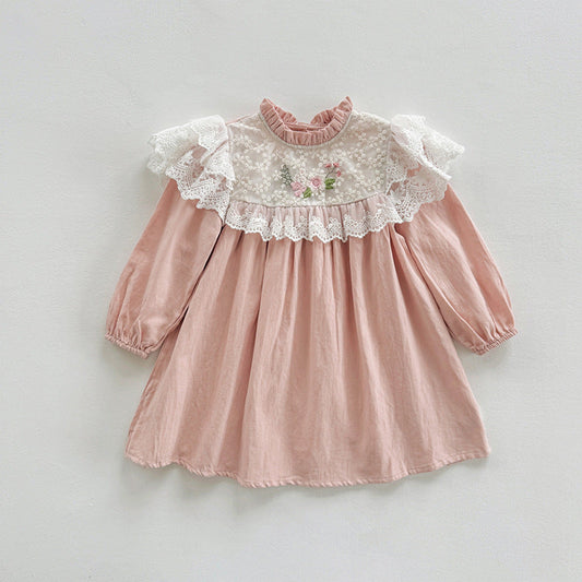 Arrival Autumn Girls Floral Embroidery Pattern Long Sleeves Ruffle Neck Dress