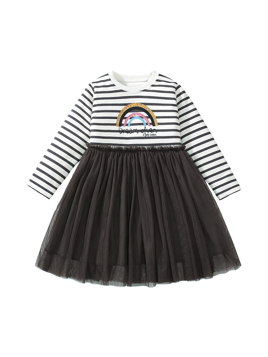 Best Selling Autumn Girls Rainbow And Striped Pattern Crew Neck Long Sleeves Tulle Patchwork Dress-0