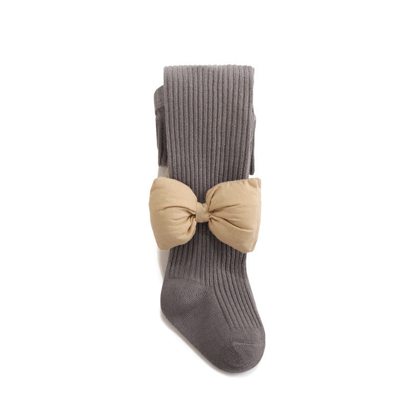 Baby Girls Kids Solid Color Striped Pattern Design Double Thick Bows Pantyhose