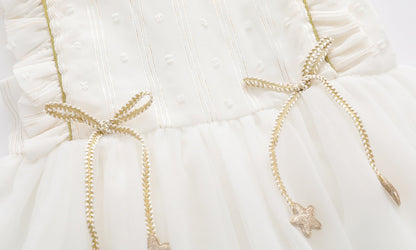 Baby Girl 1pcs Frill Trim Mesh Overlay Design Bow Tie Solid Princess Tutu Dress