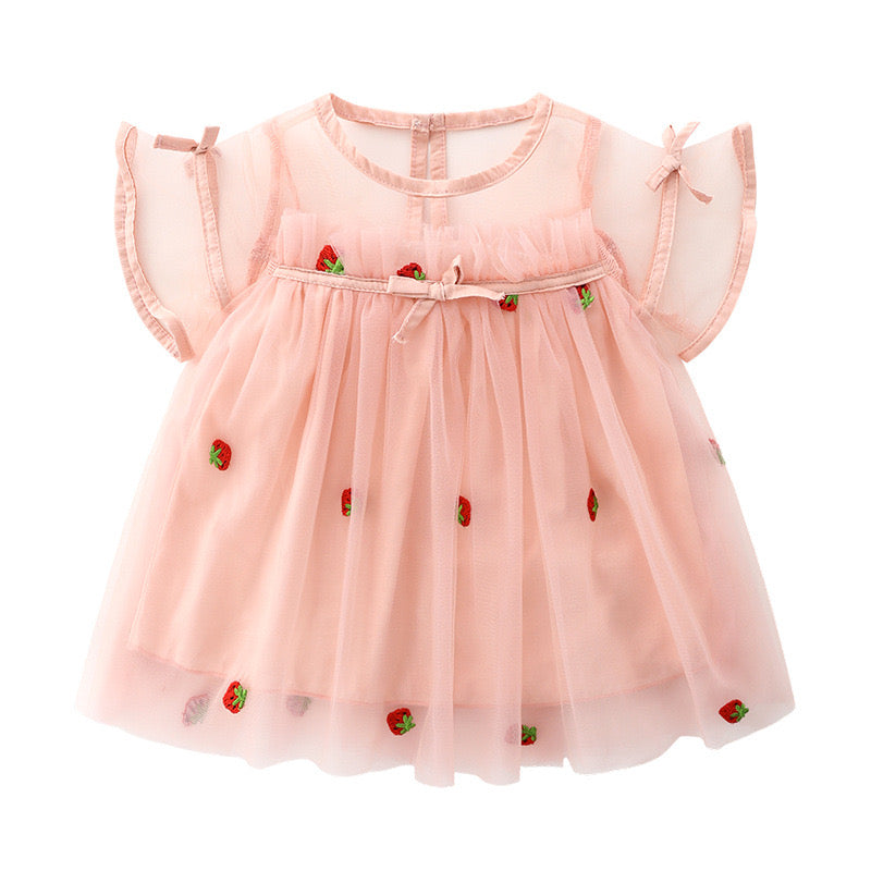 Baby Girl Strawberries Embroidered Mesh Overlay Design Bow Tie Patched Hundred Dress