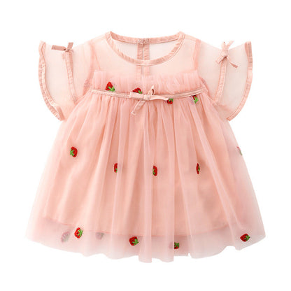 Baby Girl Strawberries Embroidered Mesh Overlay Design Bow Tie Patched Hundred Dress