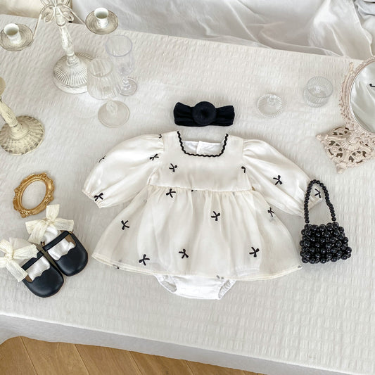Autumn Bows Pattern Embroidery Design Long Sleeve Square Neck Onesies Dress for Girls-0