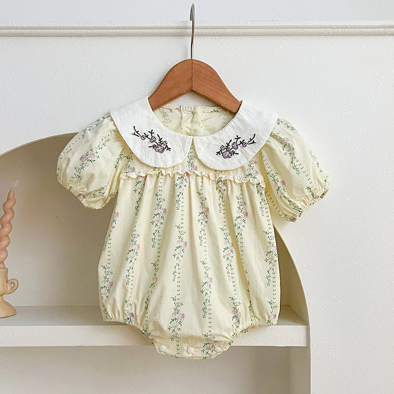 New Design Summer Baby Kids Girls Floral Striped Pattern Short Sleeves Embroidered Onesies And Girls’ Dress – Princess Sister Matching Set