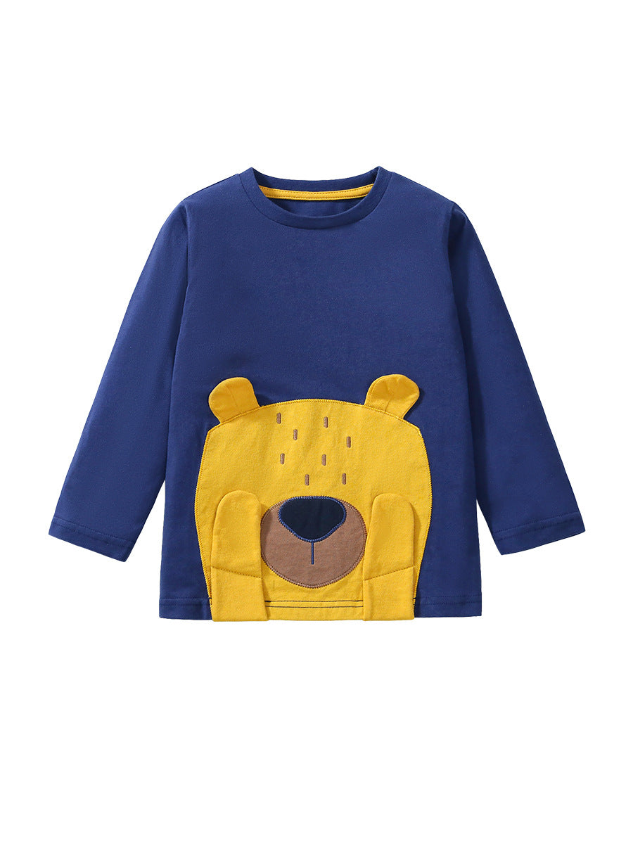 Arrival Autumn Kids’ Shy Teddy Cartoon Pattern Appliqué Embroidery Long Sleeves T-Shirt In European And American Style-0