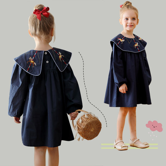 Preppy Style Autumn Girls Horse Embroidery Collar Long Sleeves Dress-0