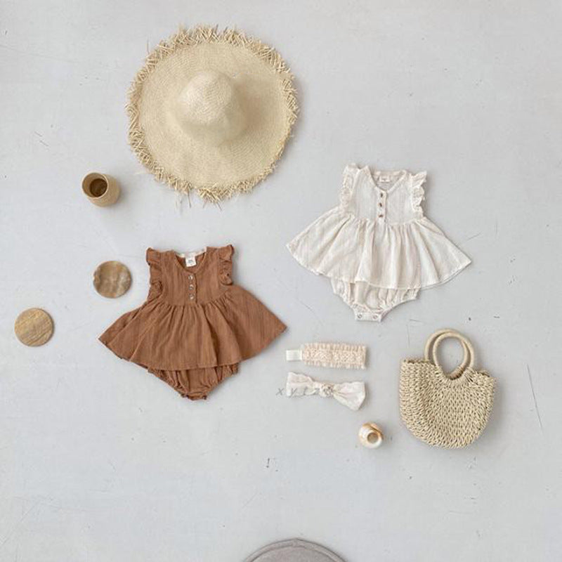 Summer Best Quality Baby Girls Fly Sleeves Simple Style Top Dress And Bloomers Clothing Set