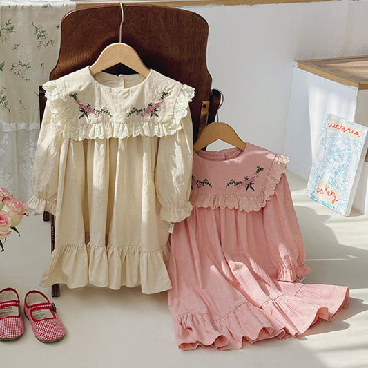 Autumn Kids Girls Vintage Flowers Embroidered Long Sleeves Dress