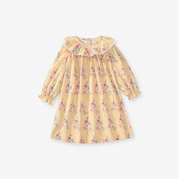 Design Autumn Girls Flowers Pattern Big Collar Long Sleeves Striped Dress-1