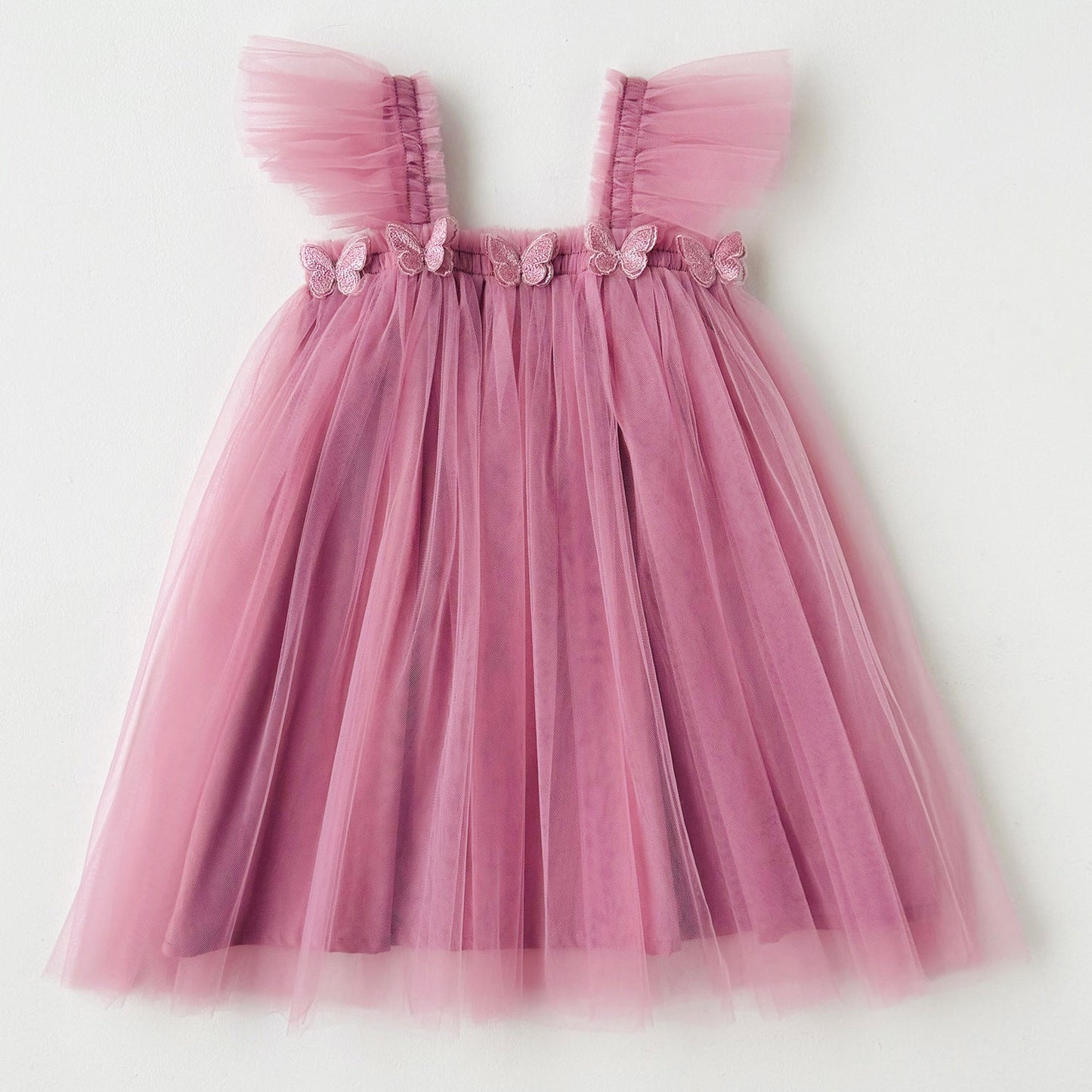Summer Baby Kids Girls Sleeveless Plain 3D Butterfly Mesh Design Off Shoulder Strap Dress