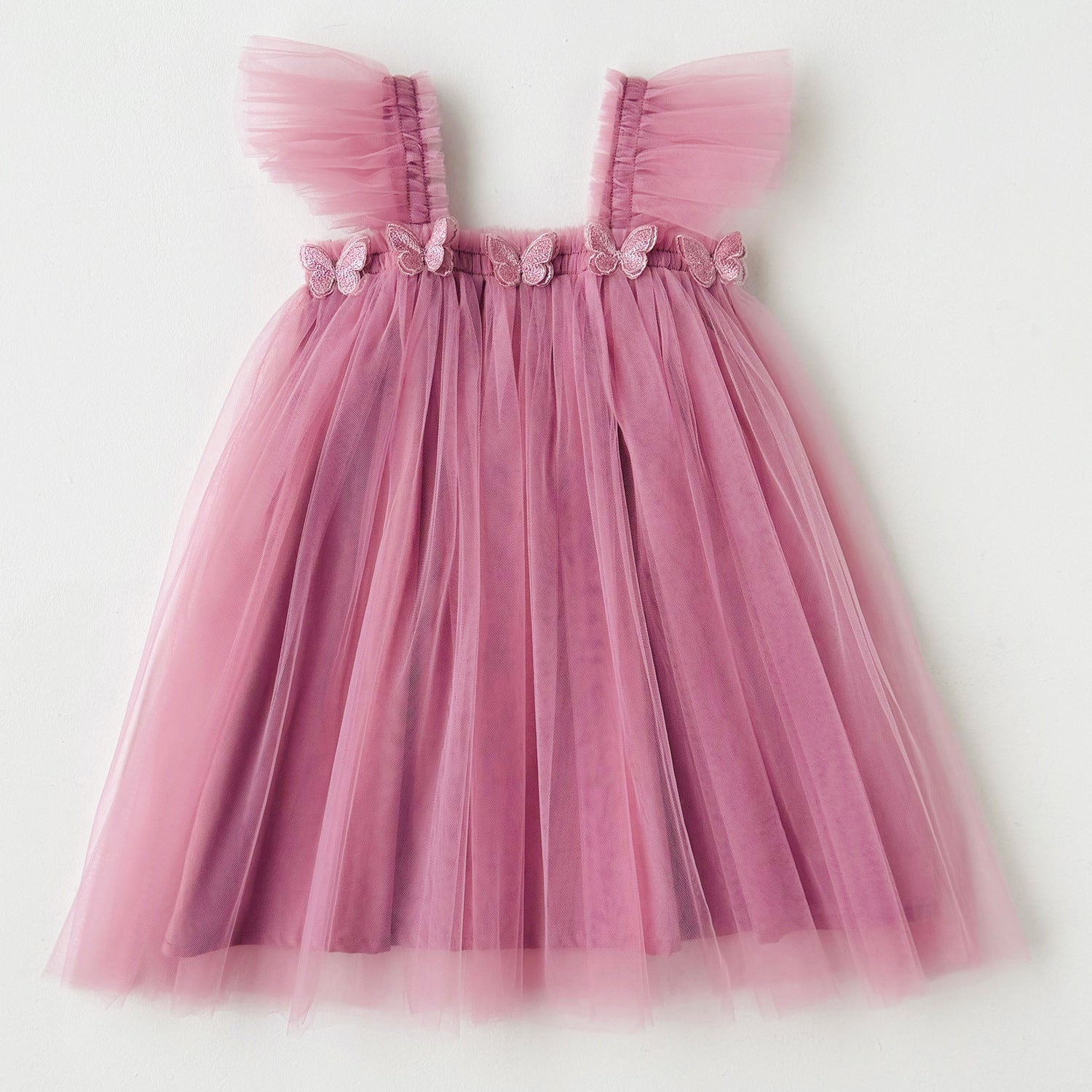 Summer Baby Kids Girls Sleeveless Plain 3D Butterfly Mesh Design Off Shoulder Strap Dress