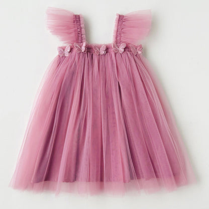 Summer Baby Kids Girls Sleeveless Plain 3D Butterfly Mesh Design Off Shoulder Strap Dress