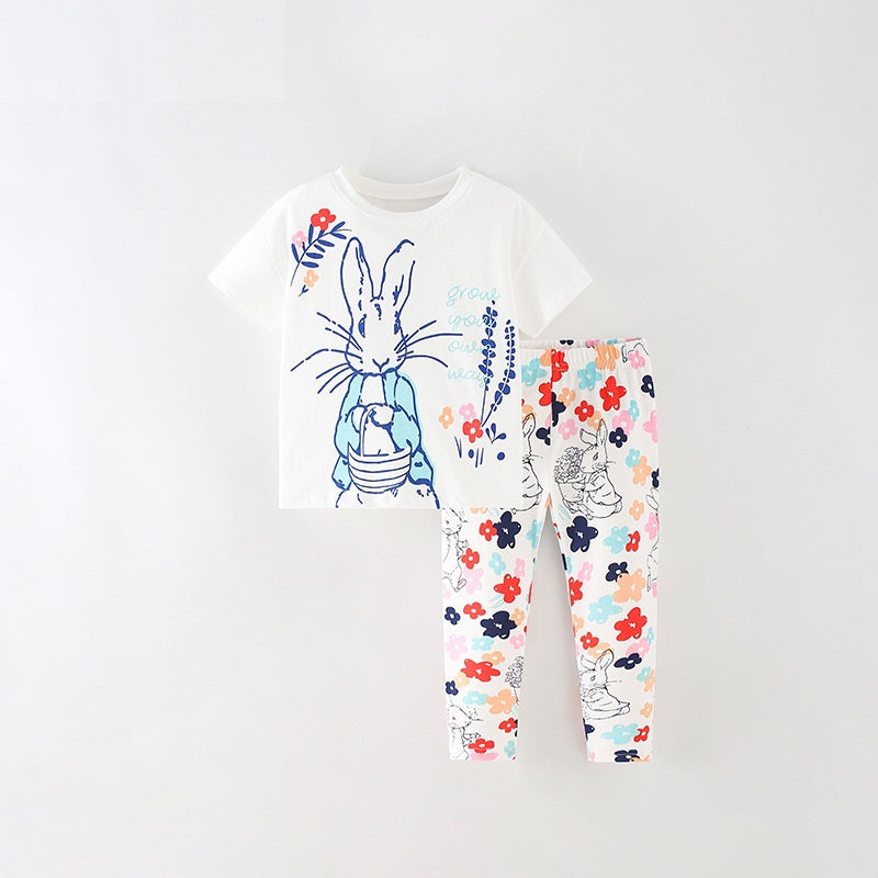 Summer Baby Kids Girls Flowers And Rabbit Print T-Shirt And Pants Clothing Set