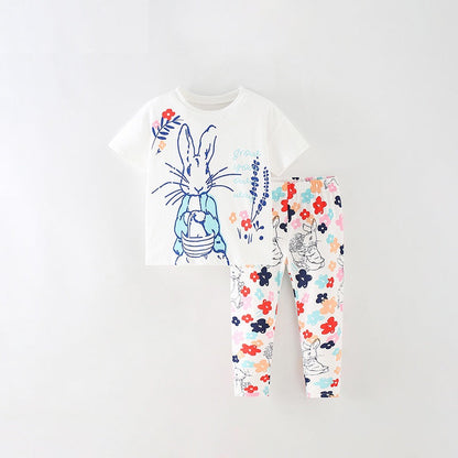 Summer Baby Kids Girls Flowers And Rabbit Print T-Shirt And Pants Clothing Set