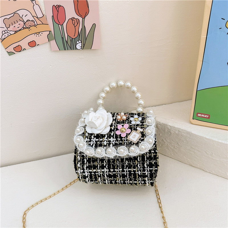 Stylish Plaid Carry-On Girls’ Portable 3D Flower Beaded Crossbody Handbag