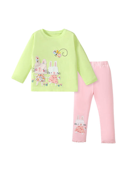 Arrival Spring And Autumn Girls Casual Appliqué Embroidery Rabbits Pattern Long Sleeves Top T-Shirt And Pants Clothing Set-0
