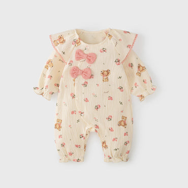 Autumn New Arrival Baby Girls Flowers and Teddy Pattern Butterfly Bows Attached Romper-1
