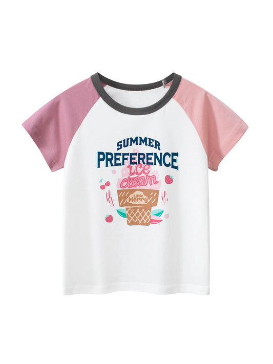 Ice-Cream Cartoon Print Girls’ T-Shirt In European And American Style For Summer-0