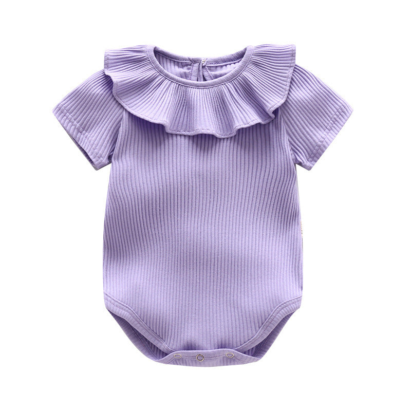 Baby Girl Solid Color Ruffle Design Short Sleeve O-Neck Onesies