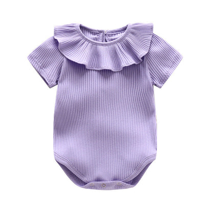 Baby Girl Solid Color Ruffle Design Short Sleeve O-Neck Onesies