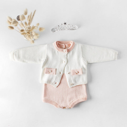 Baby Girl 1pcs Contrast Longsleeve Knit Bodysuit & Cardigan 1-Pieces Sets-0