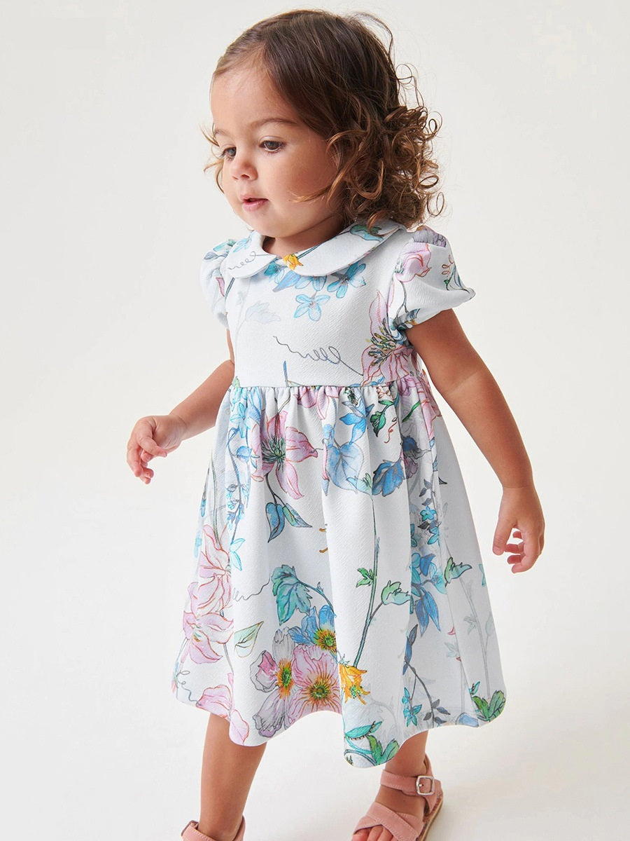 Spring And Summer Baby Girls Peter Pan Collar Short Sleeves Floral Dress