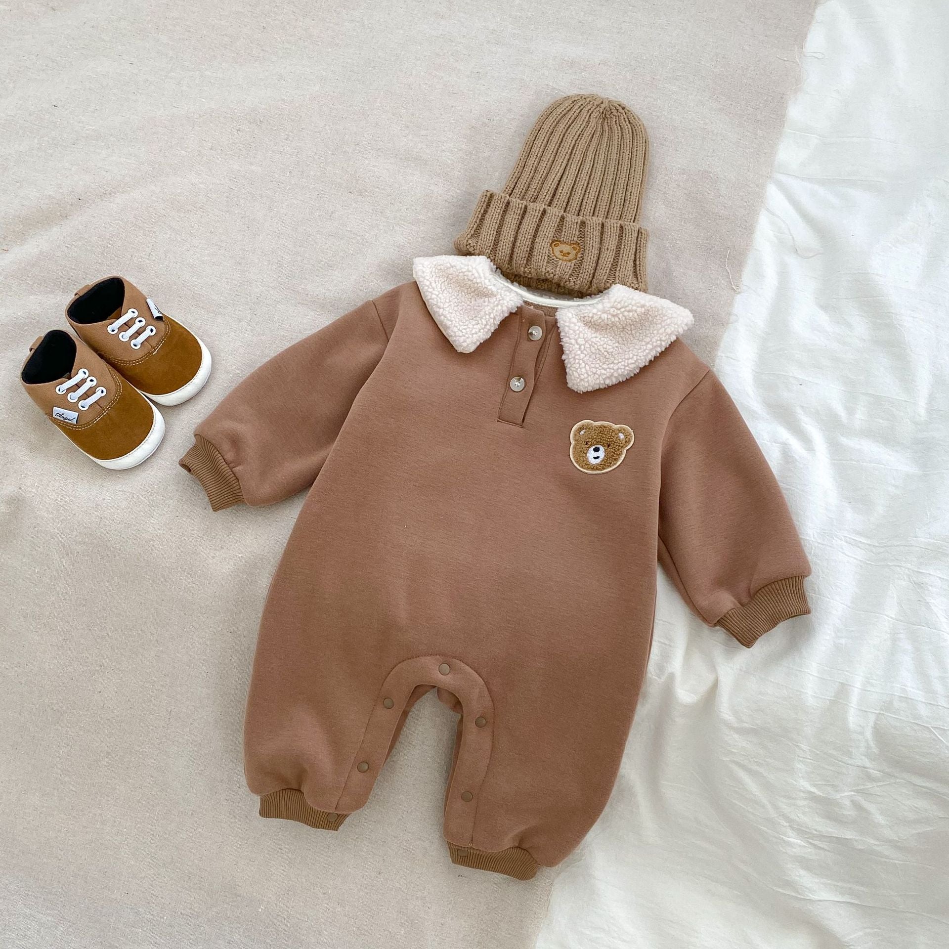 New Winter Baby Unisex Bear Head Design Thicken Long Sleeve Romper