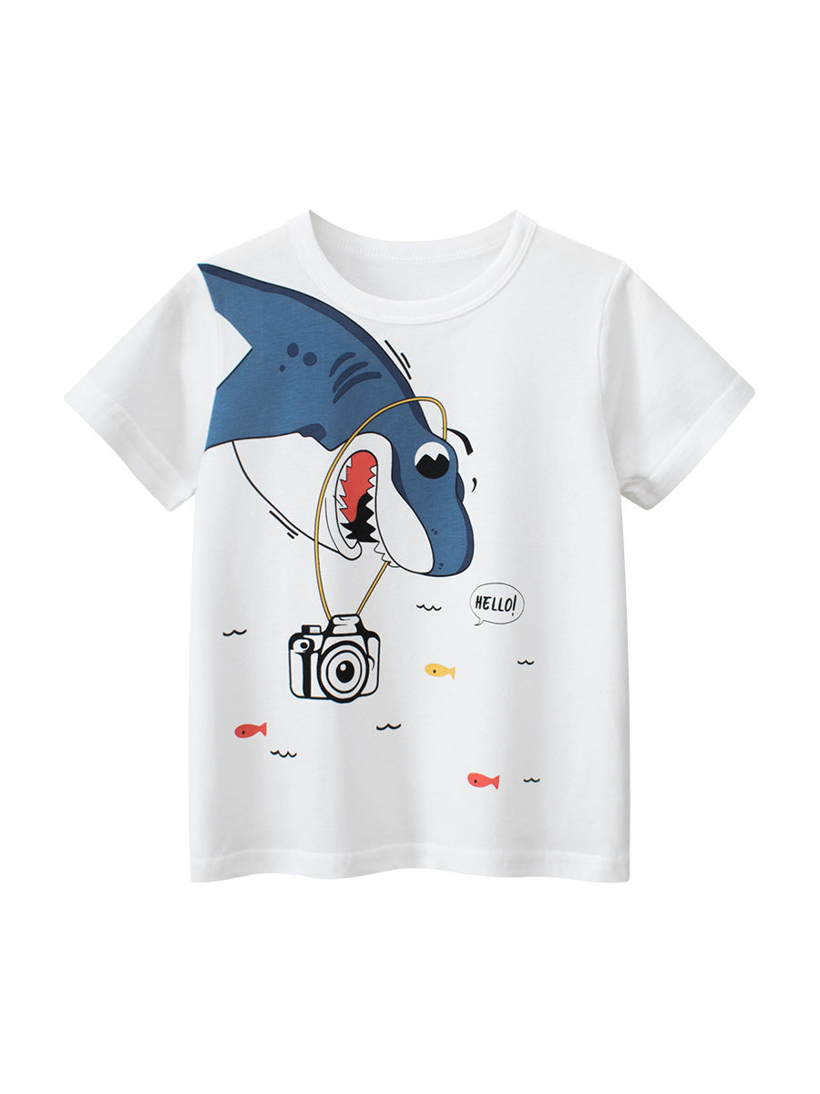 Boys’ Cartoon Shark Pattern T-Shirt In European And American Style