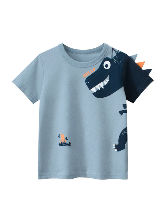 Boys’ Cartoon Dinosaur And Letters Print T-Shirt In European And American Style