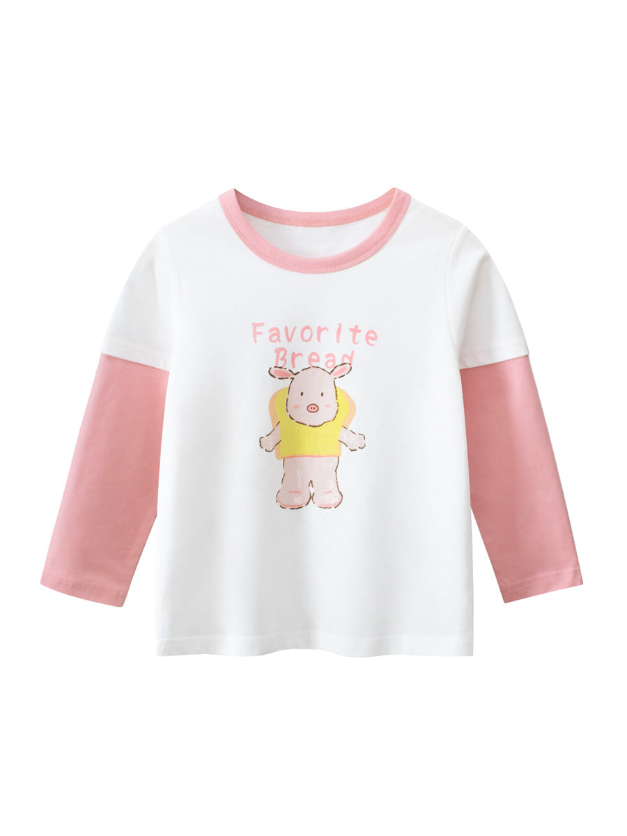 Autumn New Arrival Kids Girls Animals Cartoon and Letters Print Crew Neck Color Patchwork Long Sleeves Pullover Sweatshirt-0