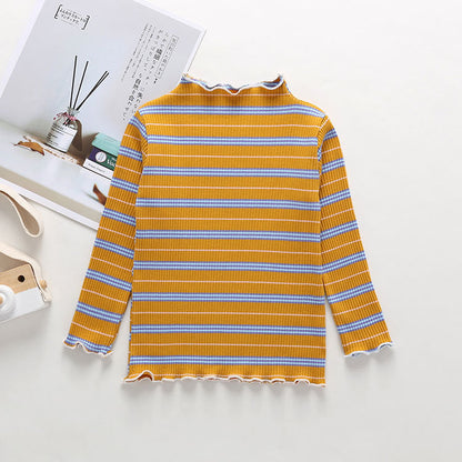 Striped Pattern Wooden Ear Edge Design Round Neck Long Sleeve Bottoming Spring Autumn Shirt-7