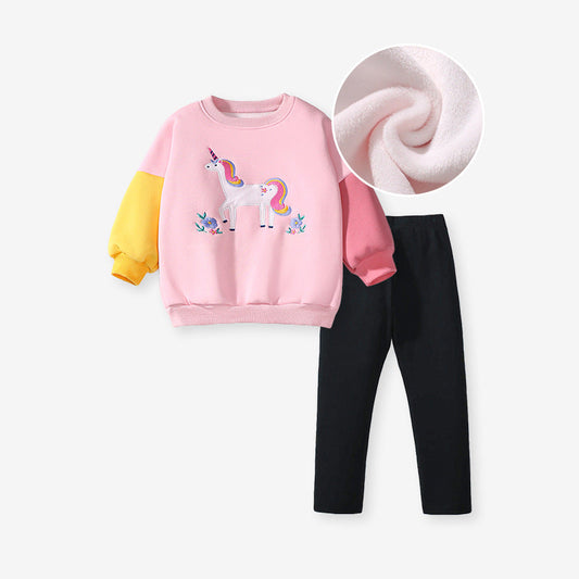 Spring And Autumn Girls Cartoon Unicorn Pattern Color Patchwork Long Sleeves Top Sweatshirt And Solid Color Pants Clothing Set