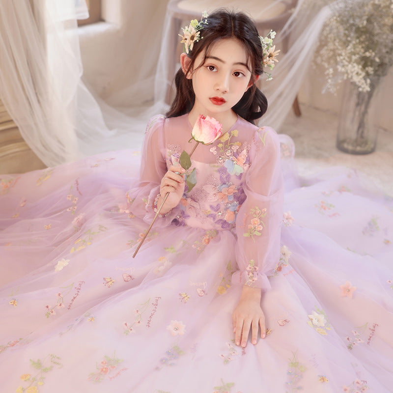 Princess Purple Birthday Dress For Girls: Luxurious Long-Sleeved Piano Performance Attire, Perfect For Spring Celebrations