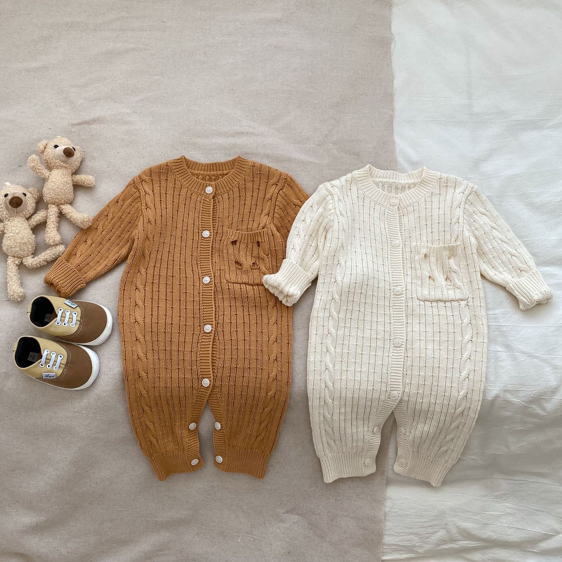 Autumn Infant Baby Unisex Solid Knit Sweaters Long Sleeve Romper Include Little Bear-4