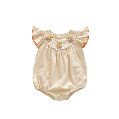 Summer Hot Selling Baby Girls Fly Sleeves Simple Crew Neck Teddy Pattern Onesie