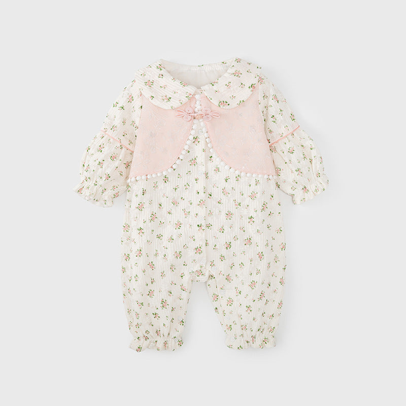 Autumn New Arrival Baby Girls Flowers Pattern Single Breasted Romper with Cute Collar