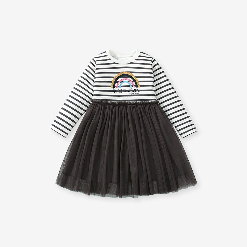 Best Selling Autumn Girls Rainbow And Striped Pattern Crew Neck Long Sleeves Tulle Patchwork Dress-1