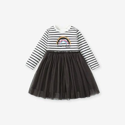 Best Selling Autumn Girls Rainbow And Striped Pattern Crew Neck Long Sleeves Tulle Patchwork Dress-1