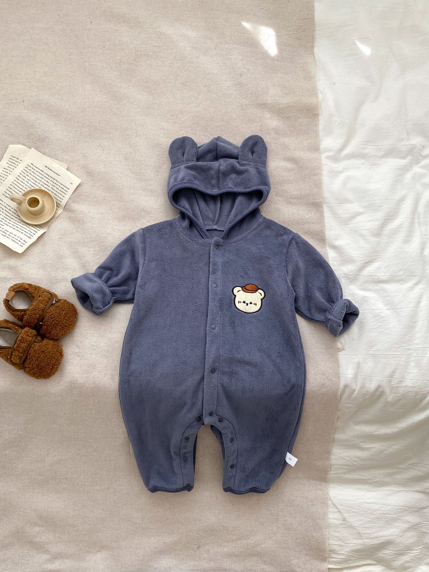 Baby Unisex Cute Little Bear Head Design Long Sleeve Romper With Hat In Winter