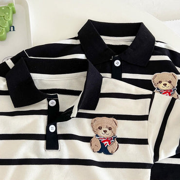 Baby Cartoon Bear Print & Striped Pattern Polo Neck Long Sleeve Romper-1