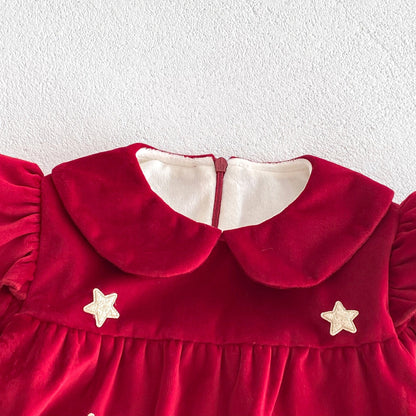 Newborn Baby Girls Peter Pan Collar Long Ruffle Sleeves Star Knitted Onesie